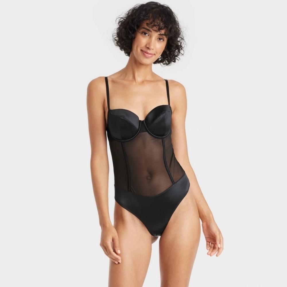 Women's Satin and Mesh Lightly Lined Lingerie Bodysuit - Auden Black L
